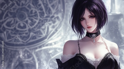 Elegant anime girl,  serious expression, ornate background,  fantasy setting