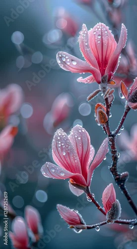Close-up of delicate pink magnolia flowers with dewdrops on petals, set against a dreamy, blurred background, evoking beauty and tranquility