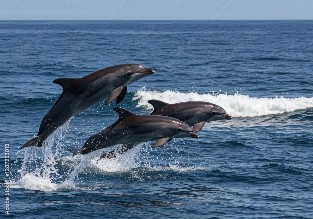 Fototapeta premium Three dolphins leaping gracefully over ocean waves