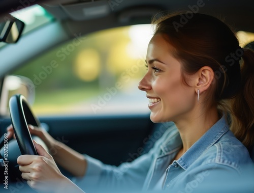 Young woman driving a car and smiling: freedom and independence on the road