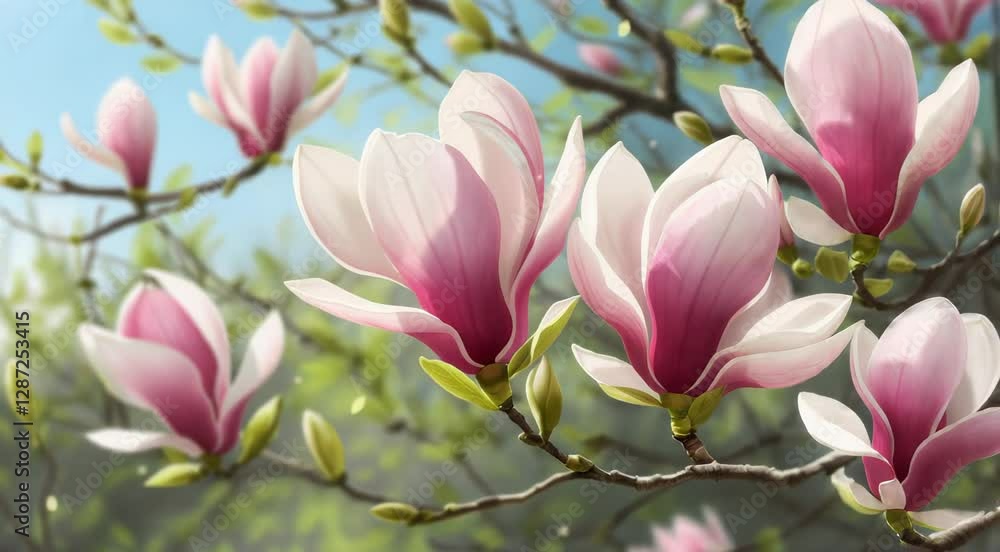 Close-up of vibrant pink and white magnolia flowers blooming on tree branches, symbolizing beauty, renewal, and the arrival of spring under soft sunlight Close-up of vibrant pink and white magnolia flowers blooming on tree branches, symbolizing beauty, renewal, and the arrival of spring under soft sunlight