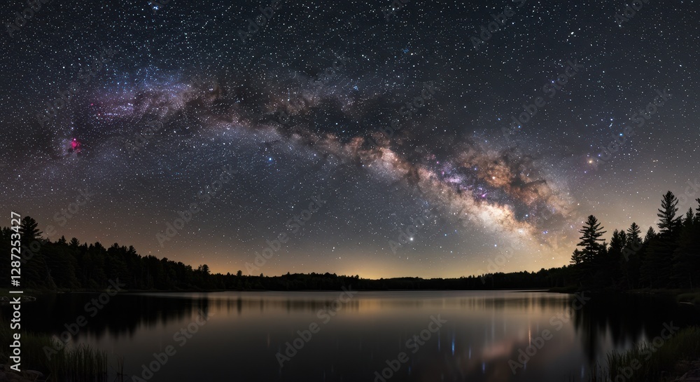 Naklejka premium Milky way over tranquil lake with pine forest silhouette and starry night sky
