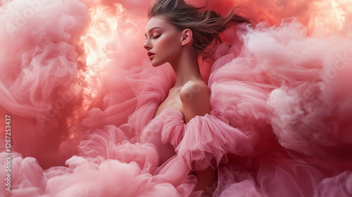 Elegant Woman in Pink Tulle Gown Surrounded by Pink Smoke Fashion Photography