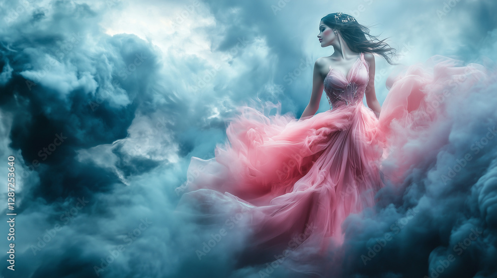 Naklejka premium Enchanting Woman in Flowing Pink Gown Amidst Dramatic Cloudscape