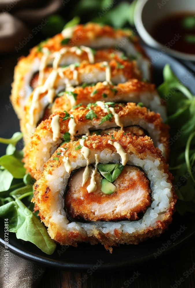 Crispy fried sushi rolls with fish, rice, and green vegetables garnished with sauce on a dark plate surrounded by fresh greens Crispy fried sushi rolls with fish, rice, and green vegetables garnished with sauce on a dark plate surrounded by fresh greens