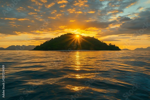 Aerial view of beautiful sunset over the sea and islands photo