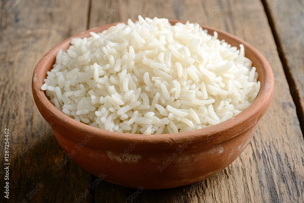 Cooked Plain White Basmati Rice in Terracotta Bowl Over Plain or Wooden Background Cooked Plain White Basmati Rice in Terracotta Bowl Over Plain or Wooden Background