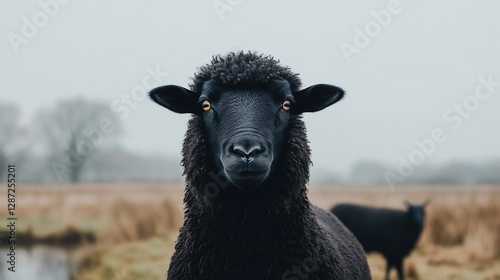 Black sheep portrait in misty field