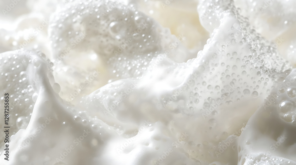 Close-Up of White Creamy Foam with Air Bubbles Texture Close-Up of White Creamy Foam with Air Bubbles Texture