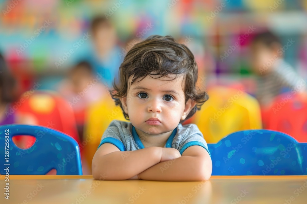 Adorable Hispanic Toddler Sitting on Table Having Lesson at Kindergarten Adorable Hispanic Toddler Sitting on Table Having Lesson at Kindergarten