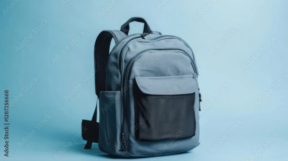 Fototapeta premium Gray Backpack on Light Blue Background