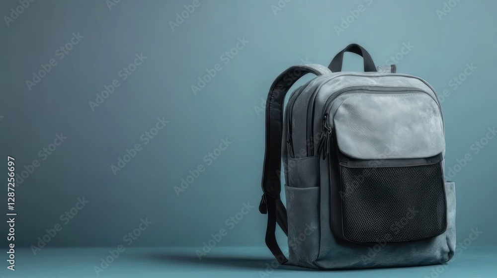 Gray backpack on teal background Gray backpack on teal background