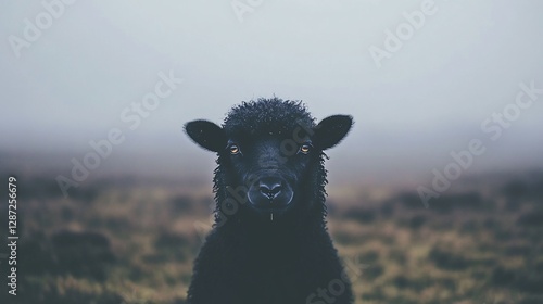 Black sheep, misty field, focused, nature