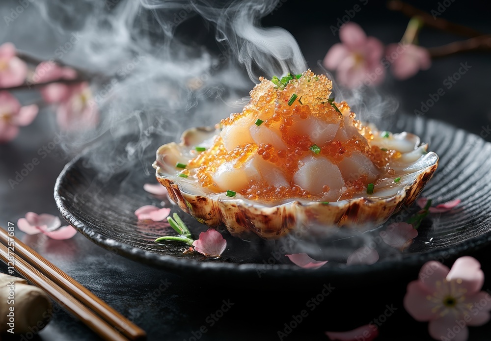 Exquisite seafood dish featuring scallops, garnished with orange roe, delicate herbs, and a touch of vapor, set against a serene pink flower backdrop Exquisite seafood dish featuring scallops, garnished with orange roe, delicate herbs, and a touch of vapor, set against a serene pink flower backdrop