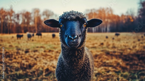 Black sheep in autumn field, herd in background