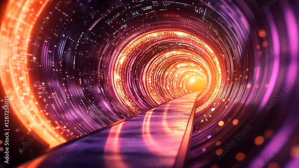 Futuristic tunnel walkway with glowing light, city in background Futuristic tunnel walkway with glowing light, city in background