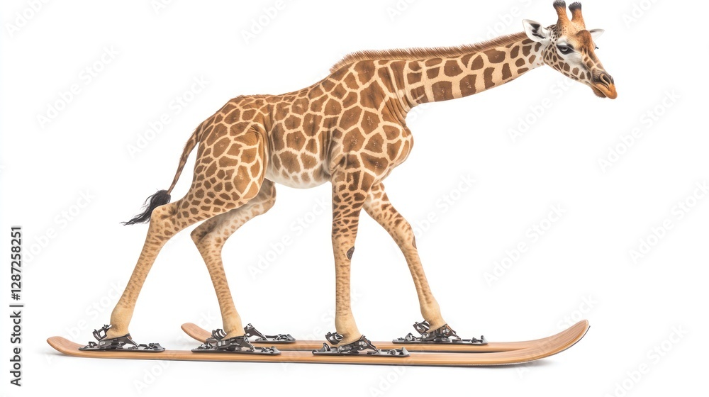 Obraz premium Giraffe cross-country skiing, white background, whimsical, advertising