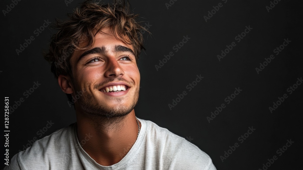 Naklejka premium Smiling young man in casual beige t-shirt and glasses, quarter view,portrait with soft lighting