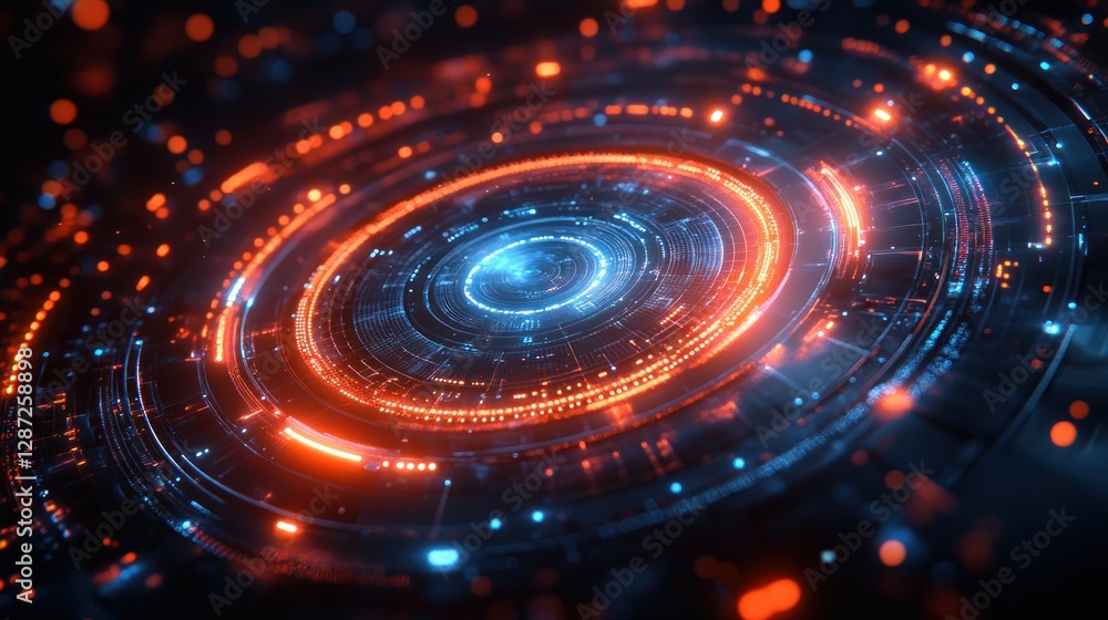 Abstract circular tech background with glowing lights and digital interface Abstract circular tech background with glowing lights and digital interface