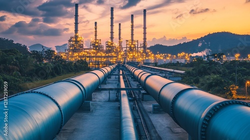 Industrial pipeline network leading to refinery at sunset