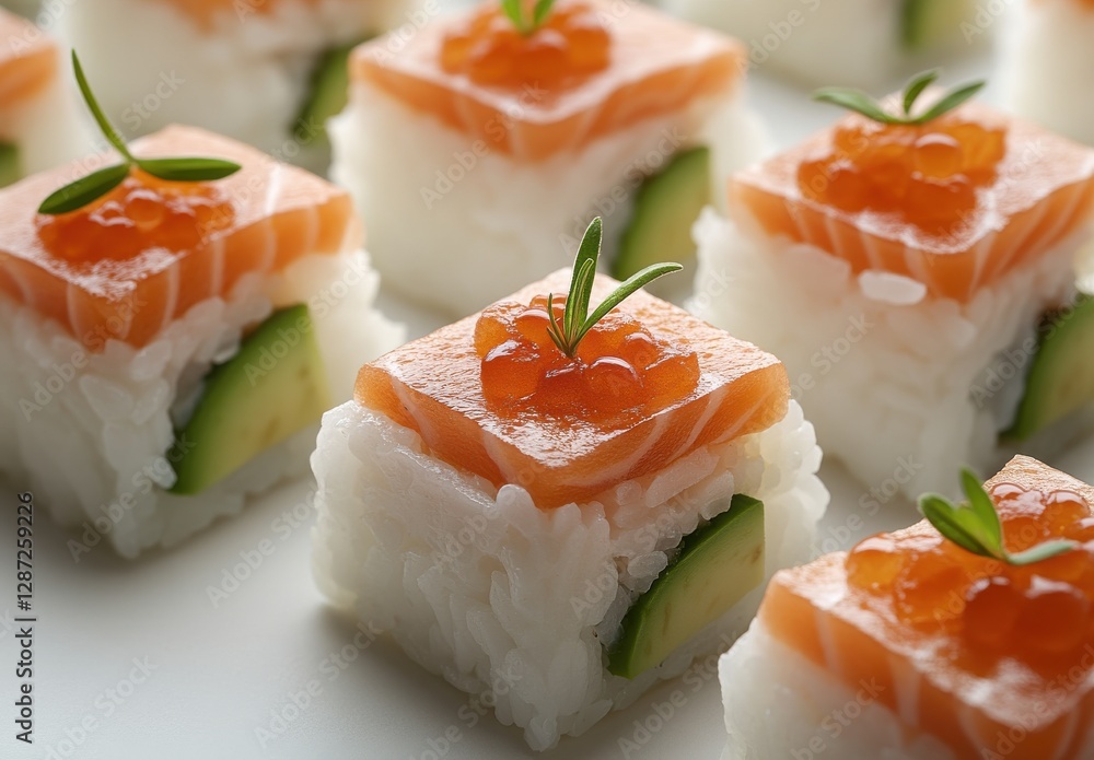 Fresh and Colorful Sushi Rolls with Salmon, Avocado, and Fish Roe Served on a White Plate for a Delightful Culinary Experience Fresh and Colorful Sushi Rolls with Salmon, Avocado, and Fish Roe Served on a White Plate for a Delightful Culinary Experience