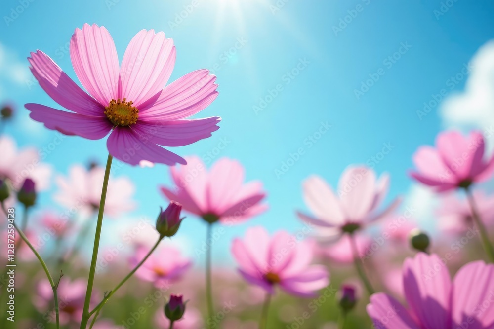 Soft pink cosmos blooms against a bright blue sky, flora, flowers Soft pink cosmos blooms against a bright blue sky, flora, flowers