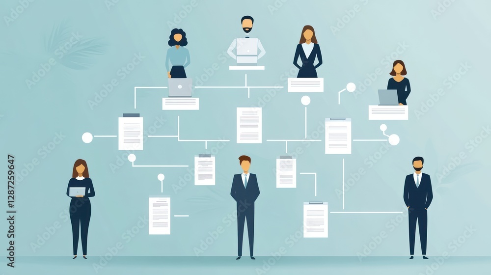 Team, hierarchy, office, workflow, documents, collaboration, management, background, pastel, illustration Team, hierarchy, office, workflow, documents, collaboration, management, background, pastel, illustration