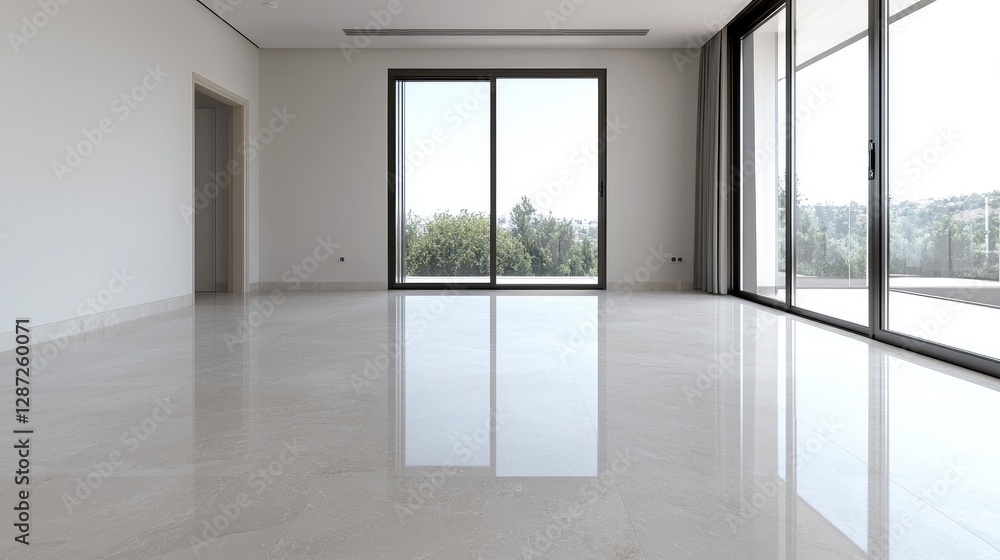 Fototapeta premium Empty modern living room with glossy white tiled floor and large sliding glass windows overlooking green trees.