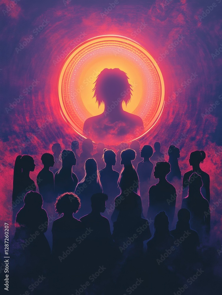 Empowerment through unity on International Womens Day with a glowing feminine symbol and diverse silhouettes. Generative AI Empowerment through unity on International Womens Day with a glowing feminine symbol and diverse silhouettes. Generative AI