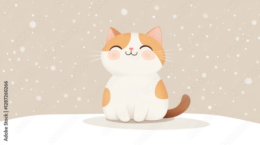 Fototapeta premium Happy cat sitting in snow, winter background, holiday card