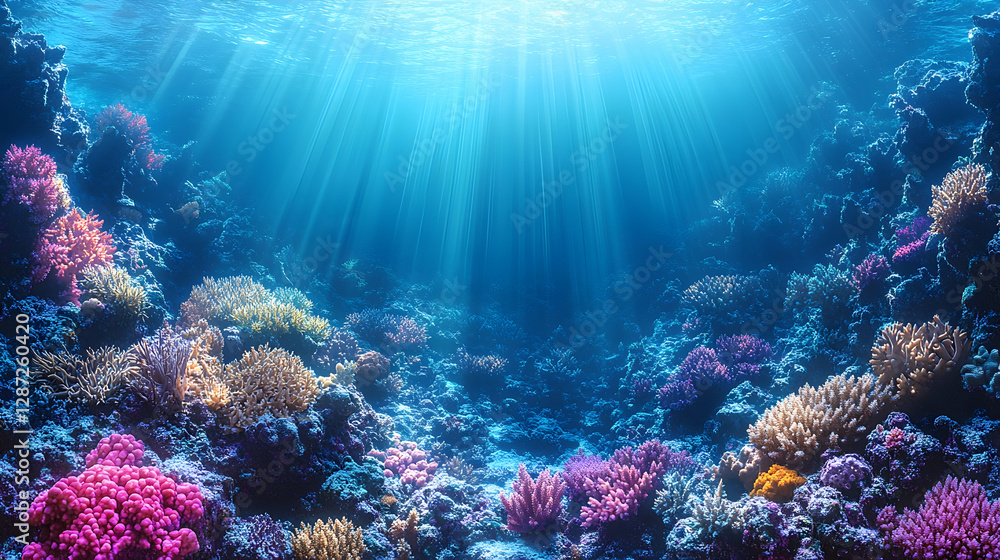 Fototapeta premium Illustration - Vibrant Coral Reef Ecosystem Underwater Sunlight Ocean Scene