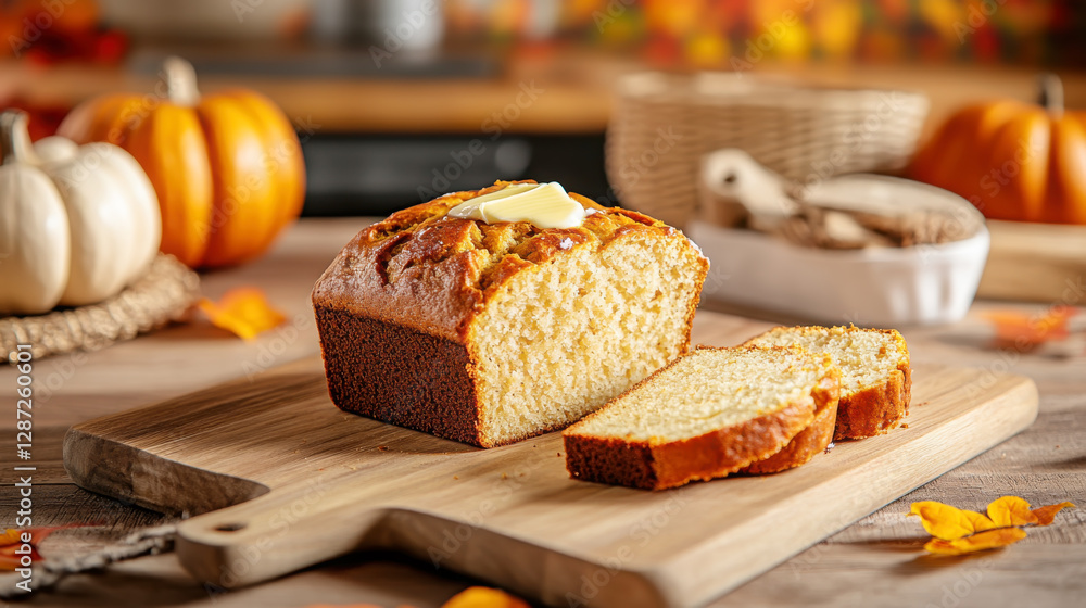Autumn comfort: close-up of pumpkin bread on wooden board for festive baking inspiration Autumn comfort: close-up of pumpkin bread on wooden board for festive baking inspiration