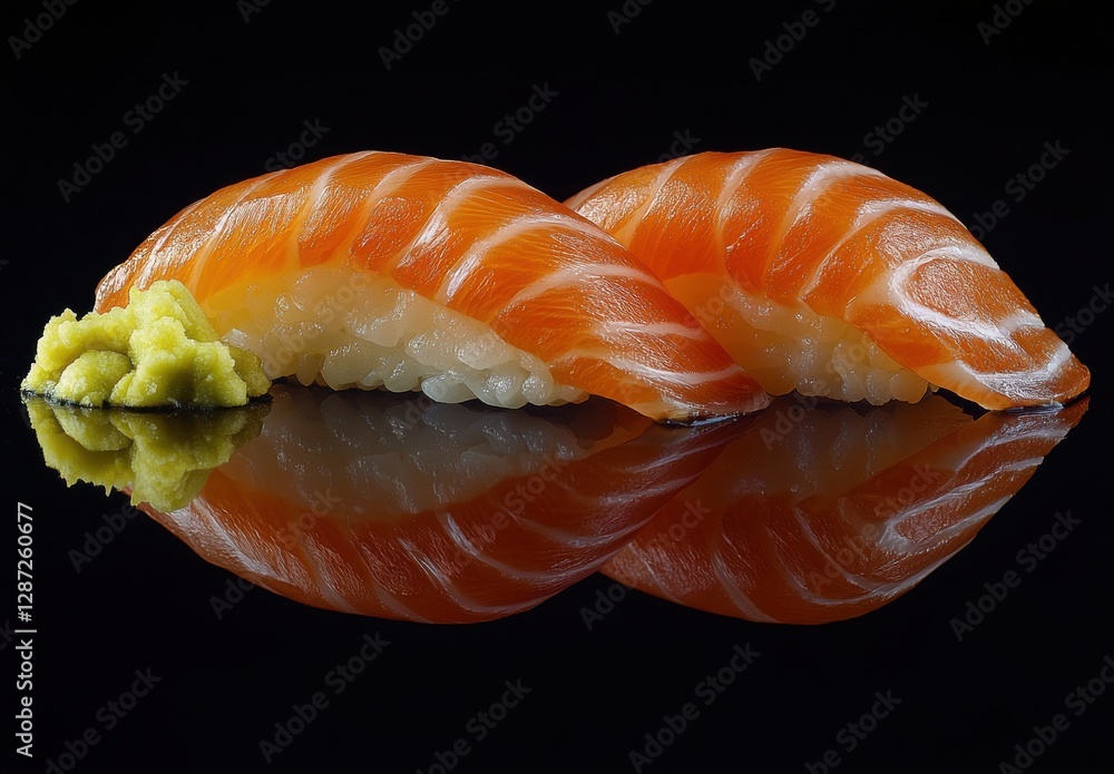 Fresh Salmon Sushi with Wasabi on Black Background Against Reflective Surface, Traditional Japanese Cuisine with Vibrant Colors Fresh Salmon Sushi with Wasabi on Black Background Against Reflective Surface, Traditional Japanese Cuisine with Vibrant Colors