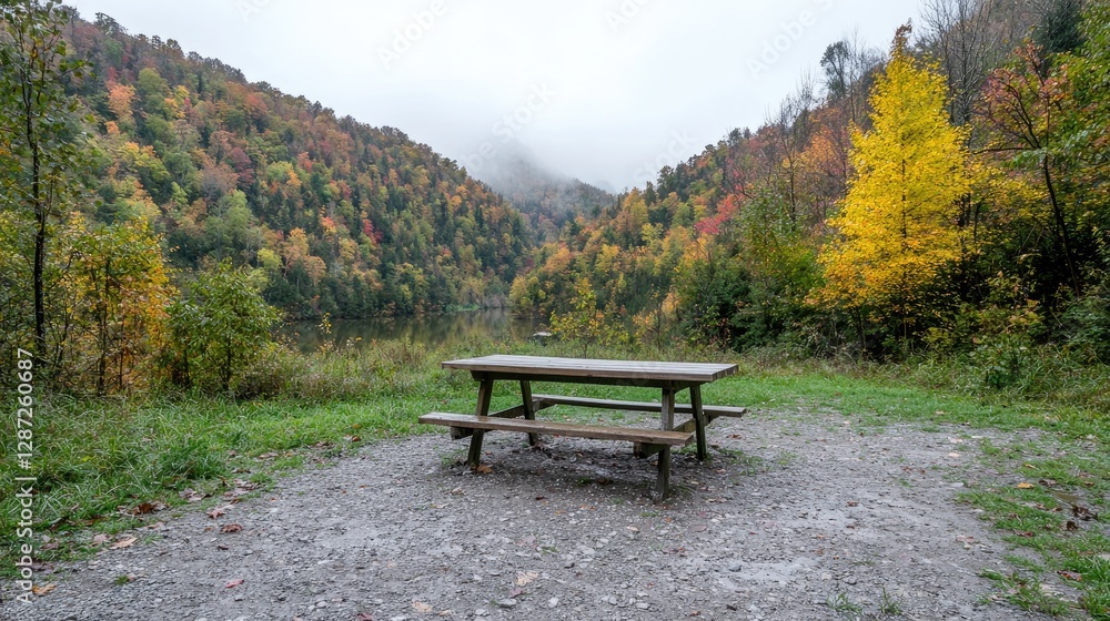 Obraz premium Empty picnic table autumn forest view
