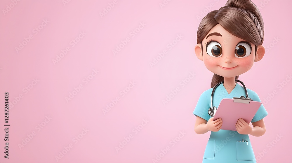 Illustration of happy nurse with clipboard in a cheerful healthcare environment Illustration of happy nurse with clipboard in a cheerful healthcare environment