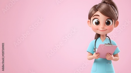 Illustration of happy nurse with clipboard in a cheerful healthcare environment