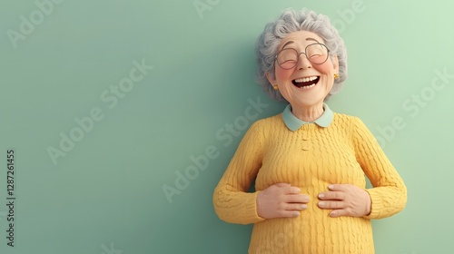 Elderly woman laughing joyfully studio cartoon image vibrant colors front view humorous emotion