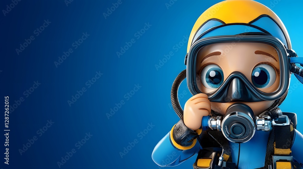 Exciting underwater adventure cartoon diver adjusts mask in vibrant ocean setting Exciting underwater adventure cartoon diver adjusts mask in vibrant ocean setting