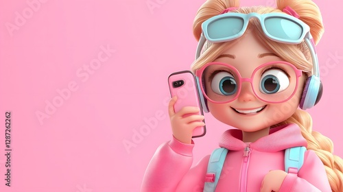 Fun cartoon selfie of a teenage girl against a pink background photo