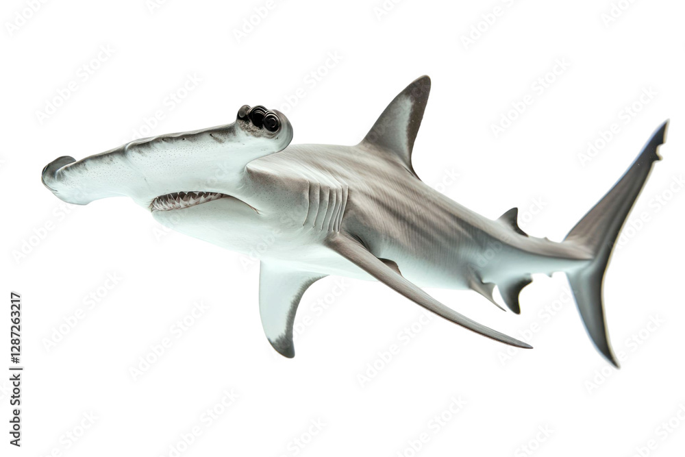 Detailed studio shot of a shark isolated on black background with side view highlighting its unique head shape and fin details Detailed studio shot of a shark isolated on black background with side view highlighting its unique head shape and fin details