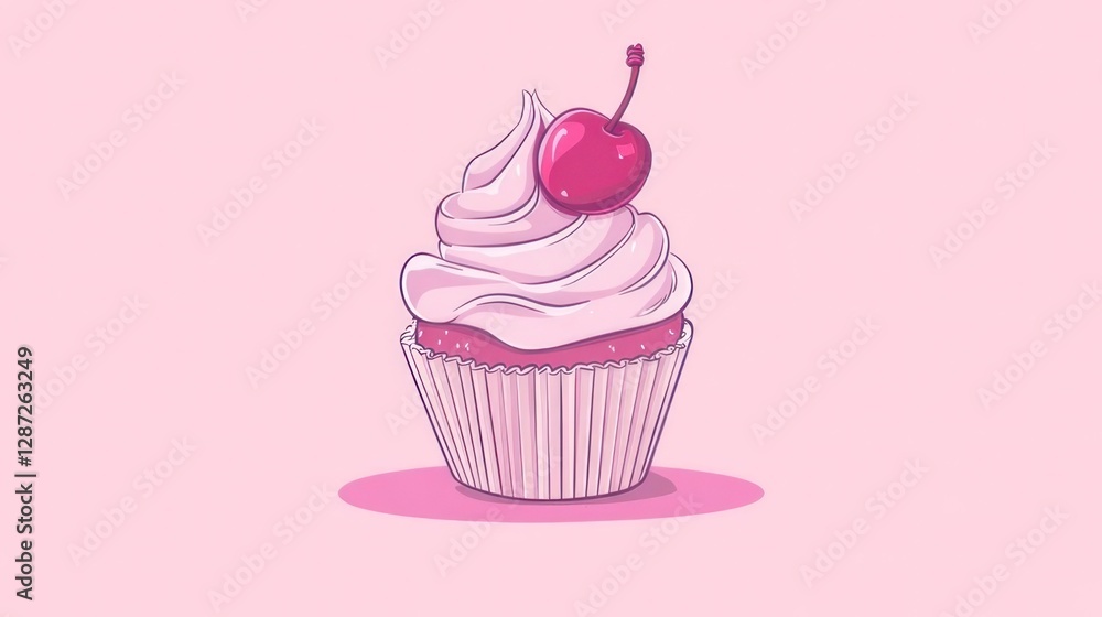 Pink Cupcake with Cherry on Pastel Background Pink Cupcake with Cherry on Pastel Background
