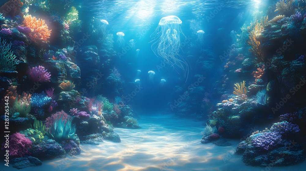 Fototapeta premium Illustration - Vibrant Coral Reef and Jellyfish in a Tranquil Ocean Scene