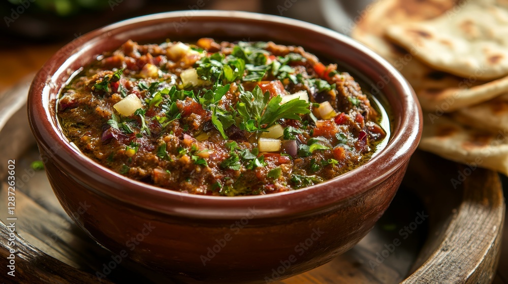 A Bowl of Mutabbal, a Middle Eastern Roasted Eggplant Dip with Tahini and Garlic, Drizzled with Olive Oil, Served with Pita Bread A Bowl of Mutabbal, a Middle Eastern Roasted Eggplant Dip with Tahini and Garlic, Drizzled with Olive Oil, Served with Pita Bread