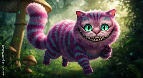 Striped Cheshire Cat Smiling in Whimsical Forest Wonderland Illustration