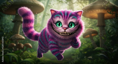 Whimsical Cheshire Cat Floating Through Magical Mushroom Forest Scene