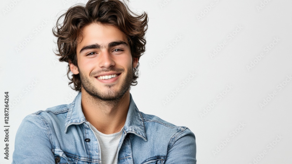 Fototapeta premium Smiling young man in casual beige t-shirt and glasses, quarter view,portrait with soft lighting