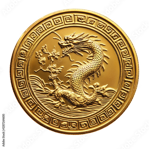 Golden Chinese Coin with Dragon Symbol Isolated on Transparent Background