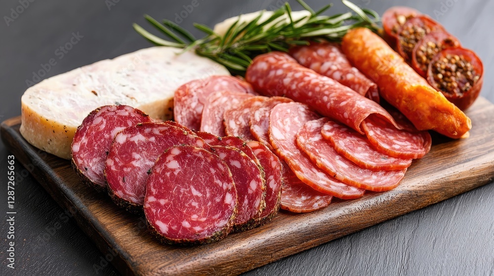 Delicious cured meats platter, rosemary garnish, dark background, appetizer, food photography Delicious cured meats platter, rosemary garnish, dark background, appetizer, food photography