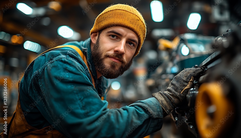 Mechanic working on engine in factory Mechanic working on engine in factory
