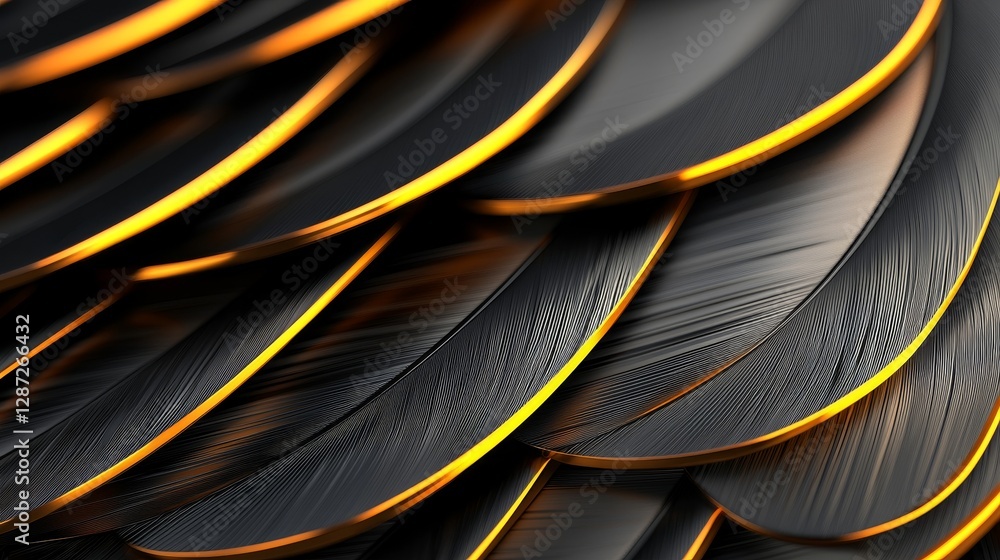 Obraz premium Subtle interplay of matte black and metallic gray feathers with geometric golden line elements, creating depth and sophistication, geometric elegance concept